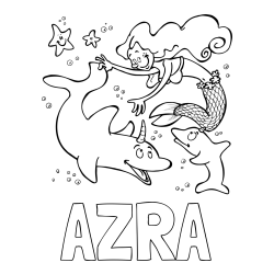 Online izdelana pobarvanka - Pobarvanka imena AZRA in pobarvanka male morske deklice pri igri s prijatelji