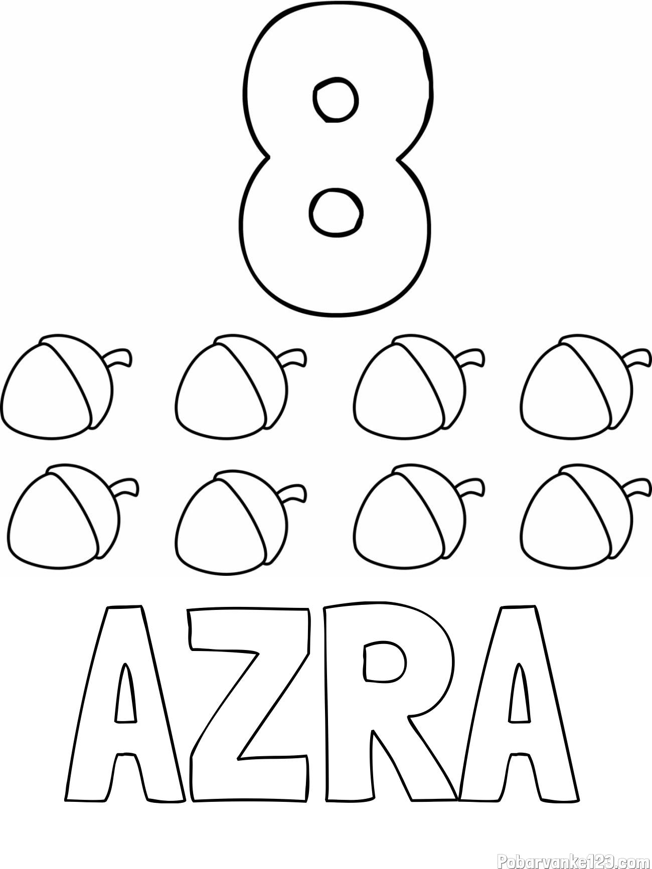Pobarvanka imena AZRA in pobarvanka števila 8 s slikovnim prikazom