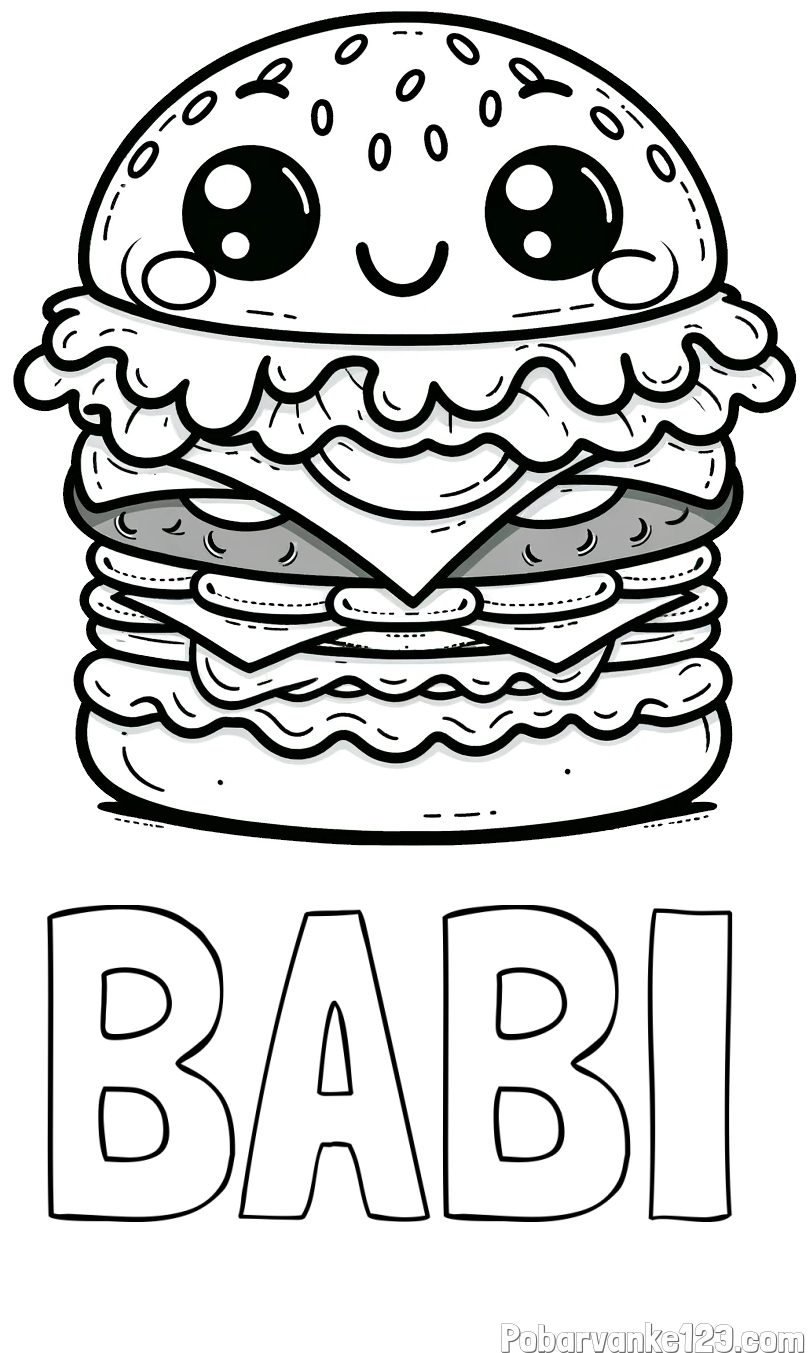 Pobarvanka imena BABI in otroška pobarvanka nasmejanega hamburgerja