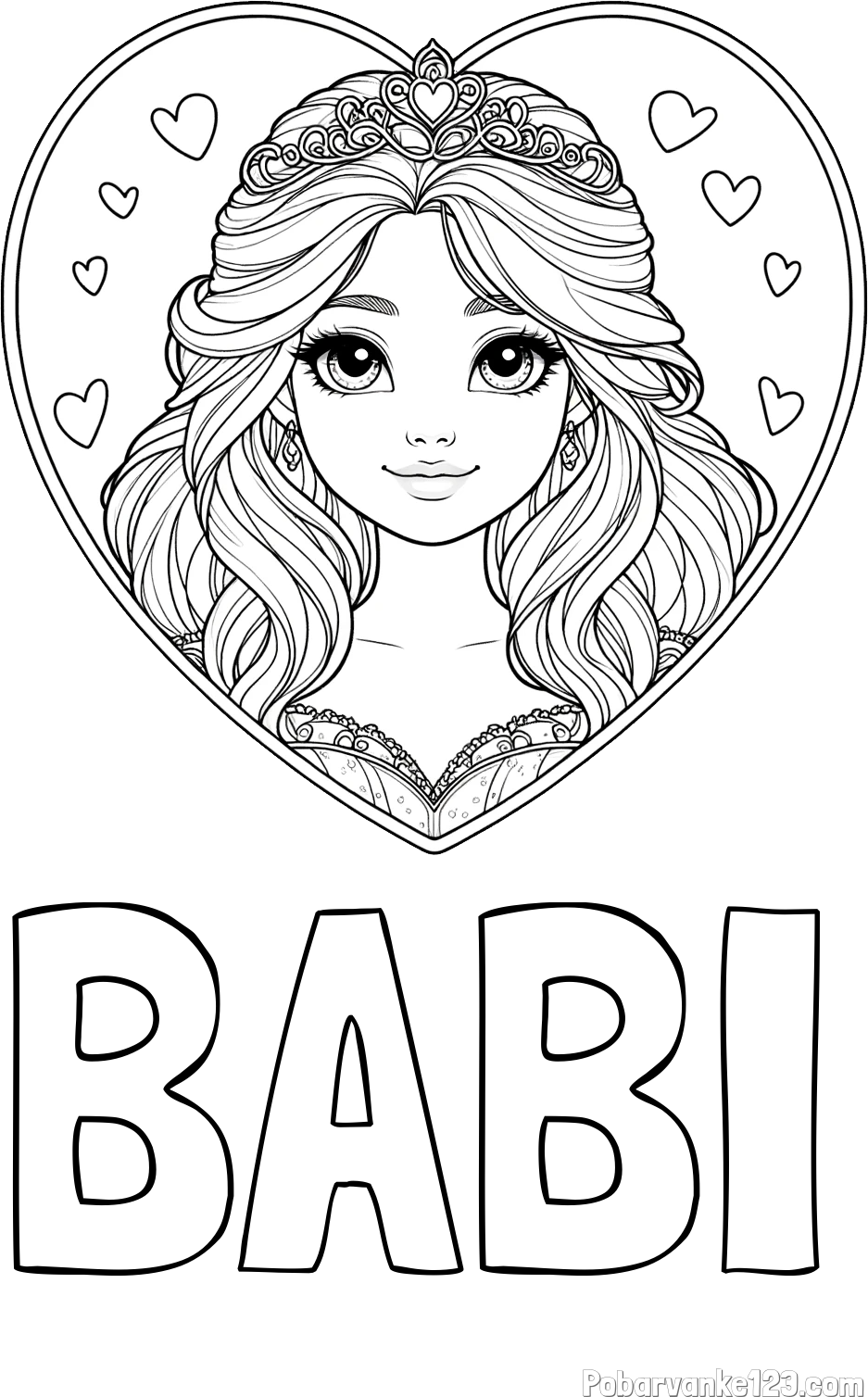 Pobarvanka imena BABI in pobarvanka princeske ter srčkov