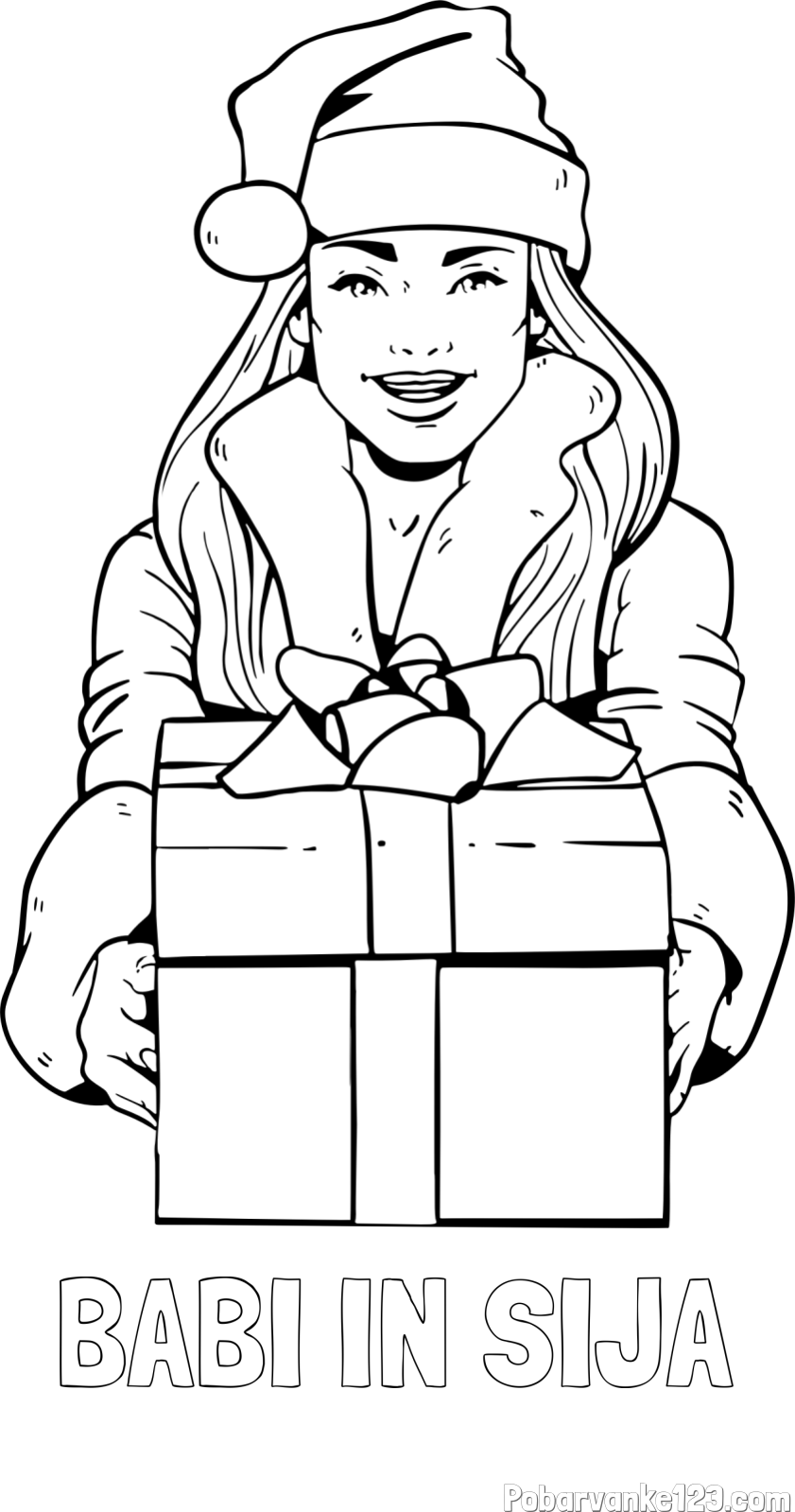 Pobarvanka imena BABI IN SIJA in pobarvanka ženske oblečene v Božička z darilom