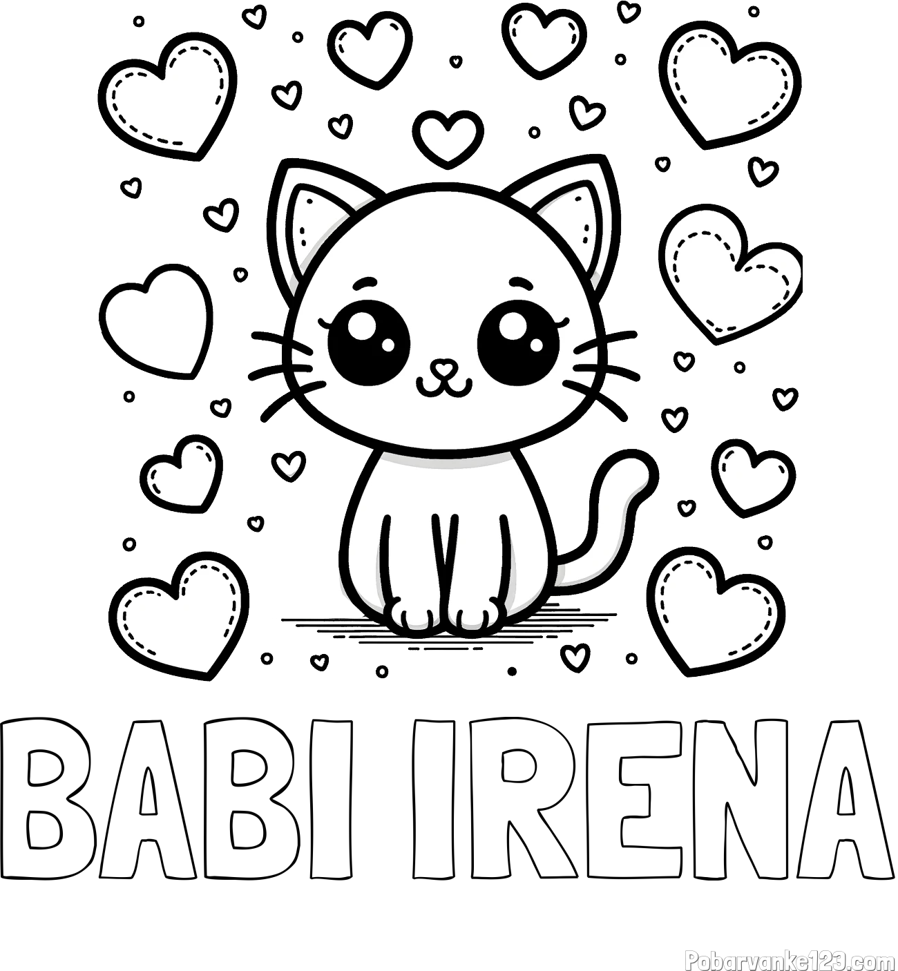 Pobarvanka imena BABI IRENA in pobarvanka ljubke mucke obdane z veliko srčki