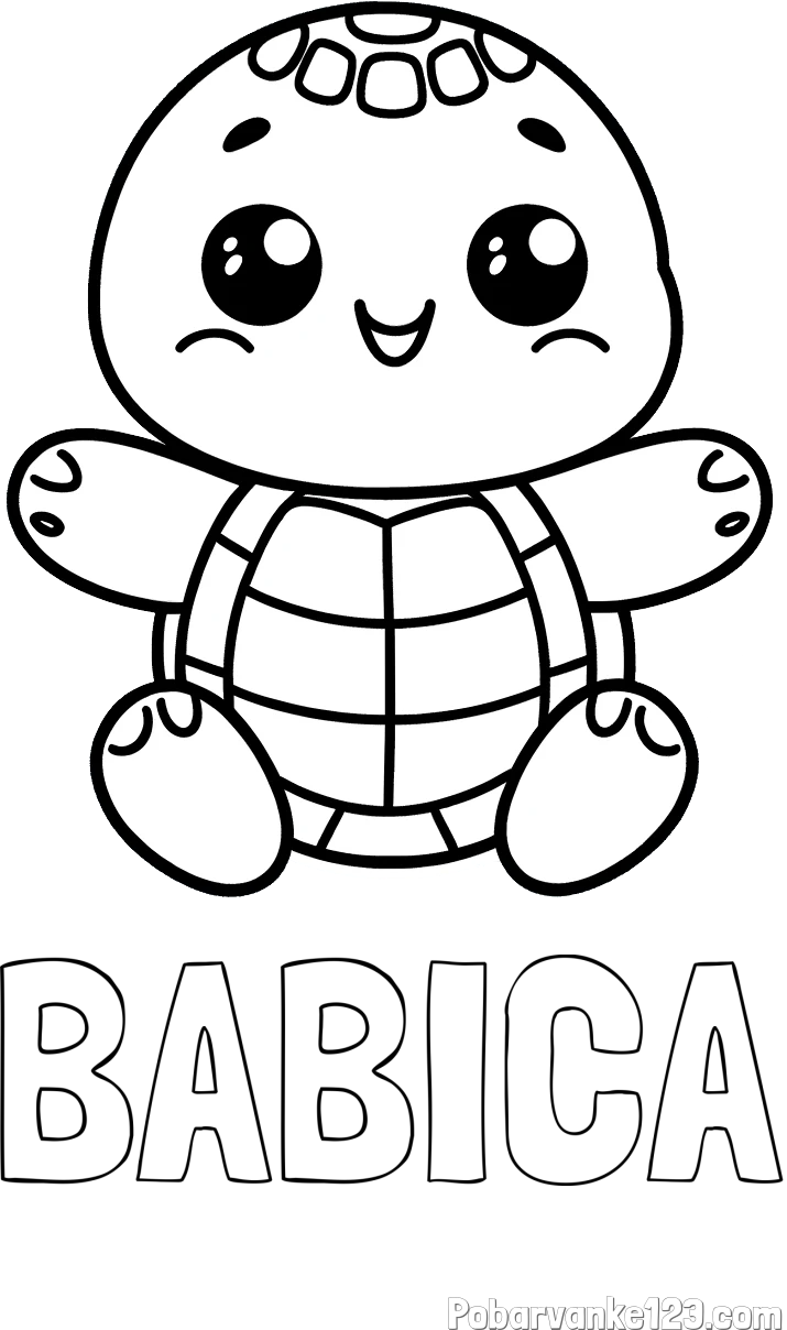 Pobarvanka imena BABICA in otroška pobarvanka ljubke in nasmejane želvice