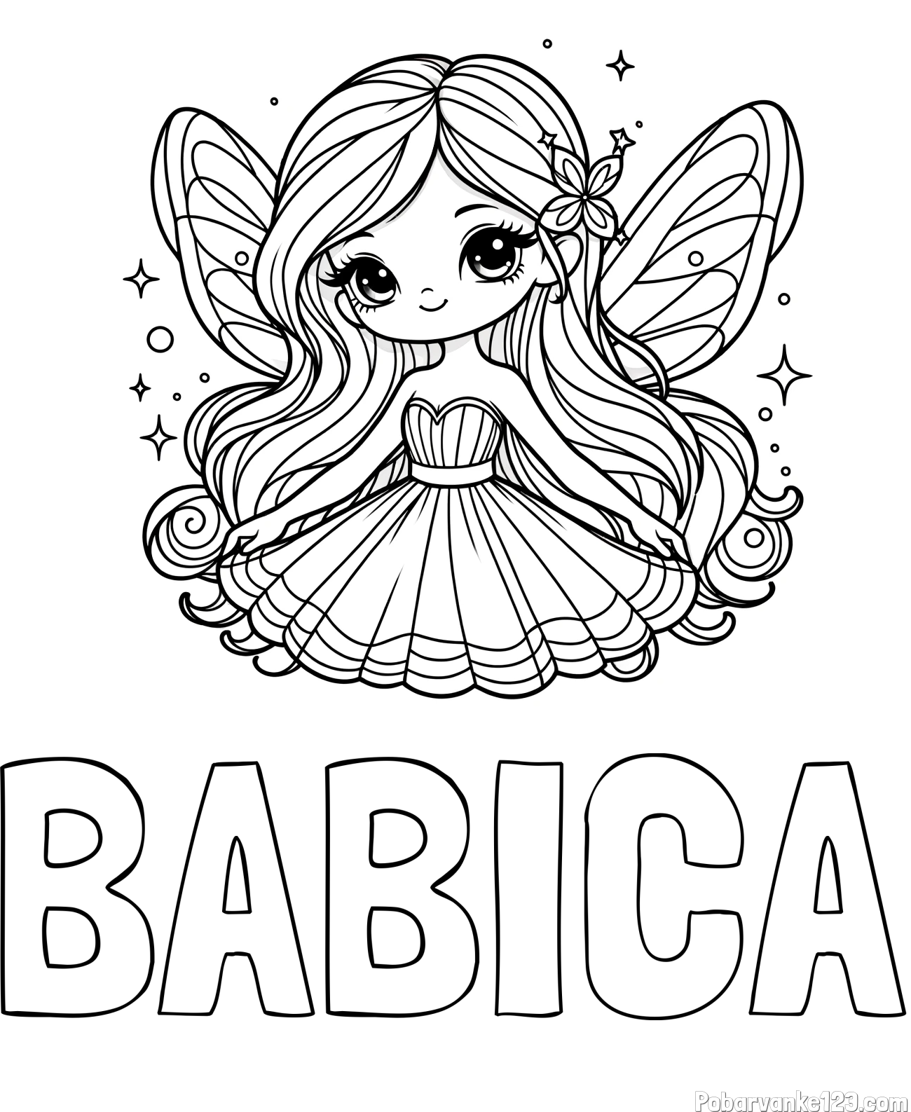Pobarvanka imena BABICA in pobarvanka ljubke in nasmejane čarobne vile