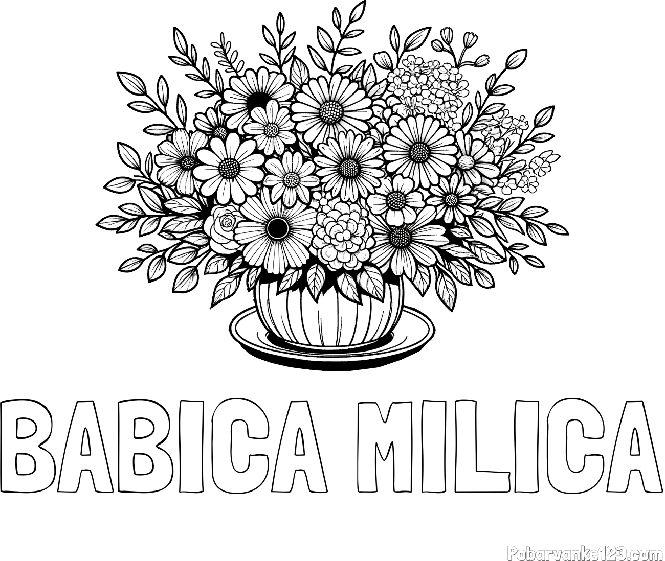 Pobarvanka imena BABICA MILICA in pobarvanka velikega šopka rož