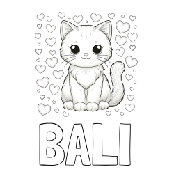 Online izdelana pobarvanka - Pobarvanka imena BALI in pobarvanka ljubke mucke obdane s srčki