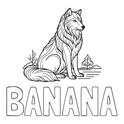 Online izdelana pobarvanka - Pobarvanka imena BANANA in pobarvanka sedečega volka