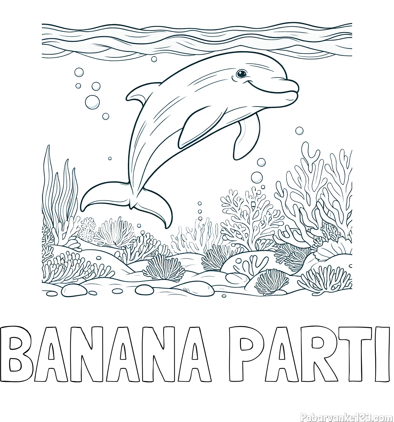 Pobarvanka imena BANANA PARTI in pobarvanka ljubkega delfina med plavanjem v morju