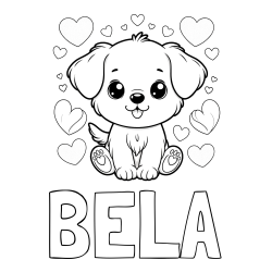 Online izdelana pobarvanka - Pobarvanka imena BELA in pobarvanka ljubkega kužka obdanega s srčki