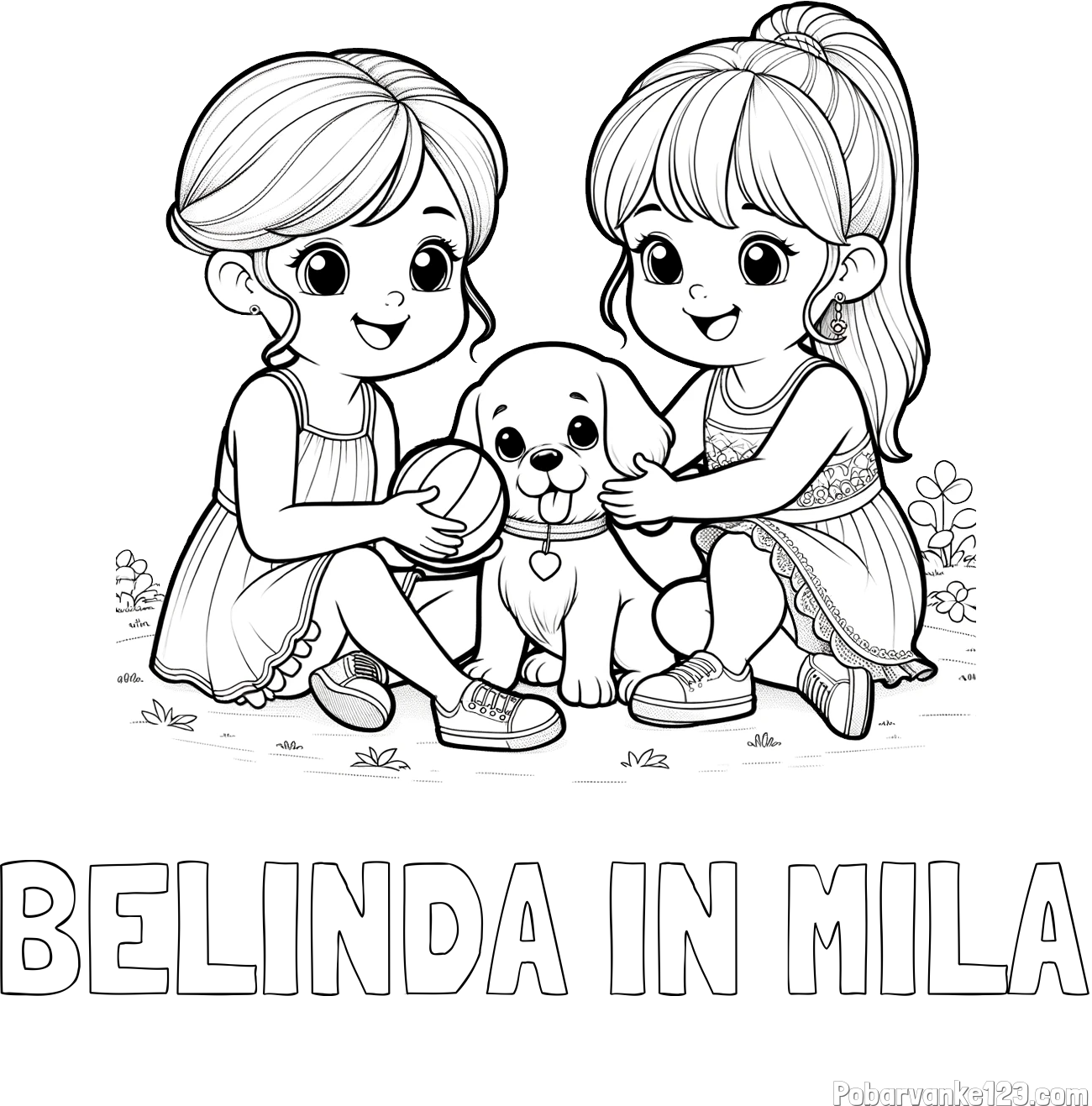 Pobarvanka imena BELINDA IN MILA in pobarvanka prijateljic s kužkom