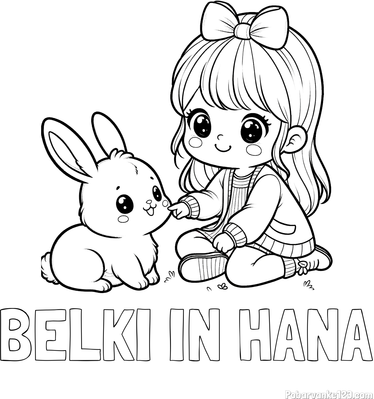 Pobarvanka imena BELKI IN HANA in pobarvanka ljubke punčke, ki se igra z zajčkom
