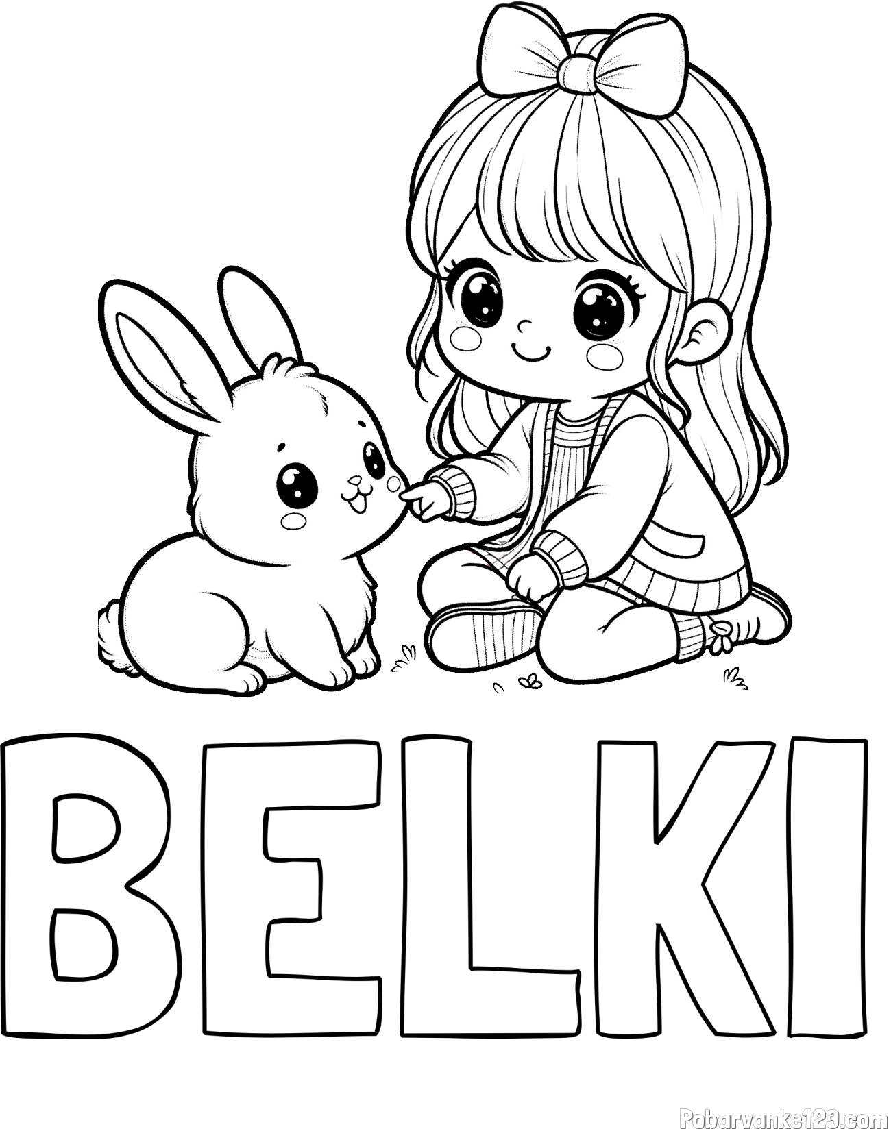Pobarvanka imena BELKI in pobarvanka ljubke punčke, ki se igra z zajčkom