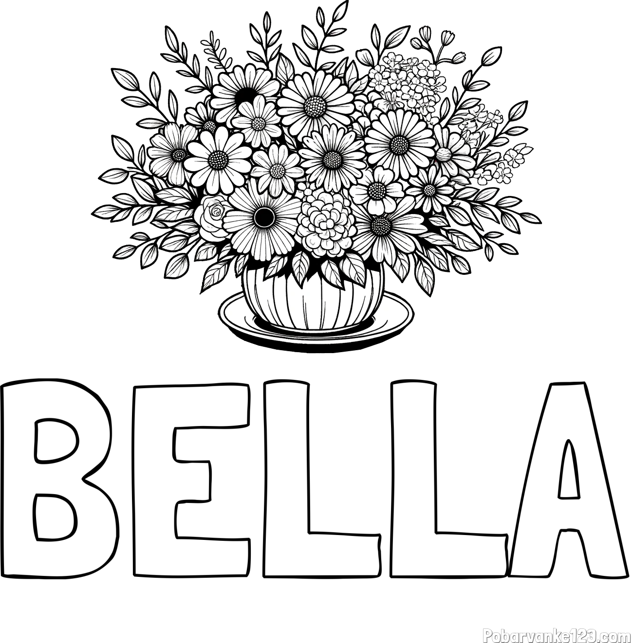 Pobarvanka imena BELLA in pobarvanka velikega šopka rož