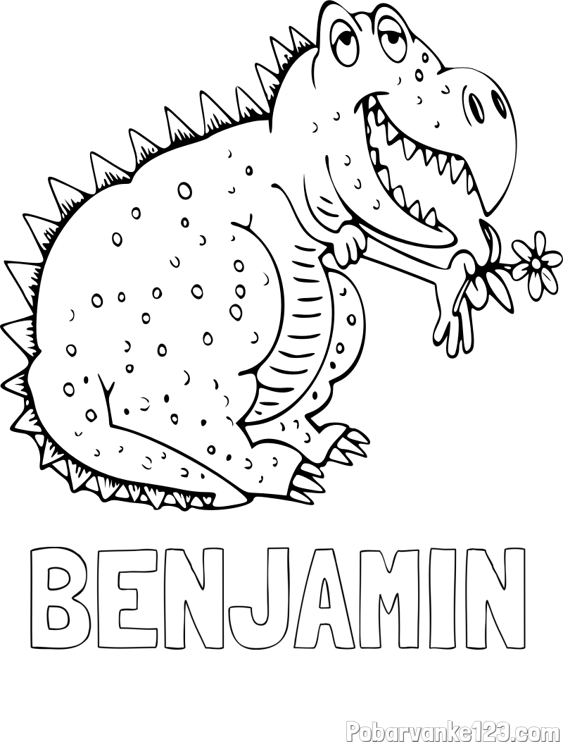 Pobarvanka imena BENJAMIN in pobarvanka veselega dinozavra