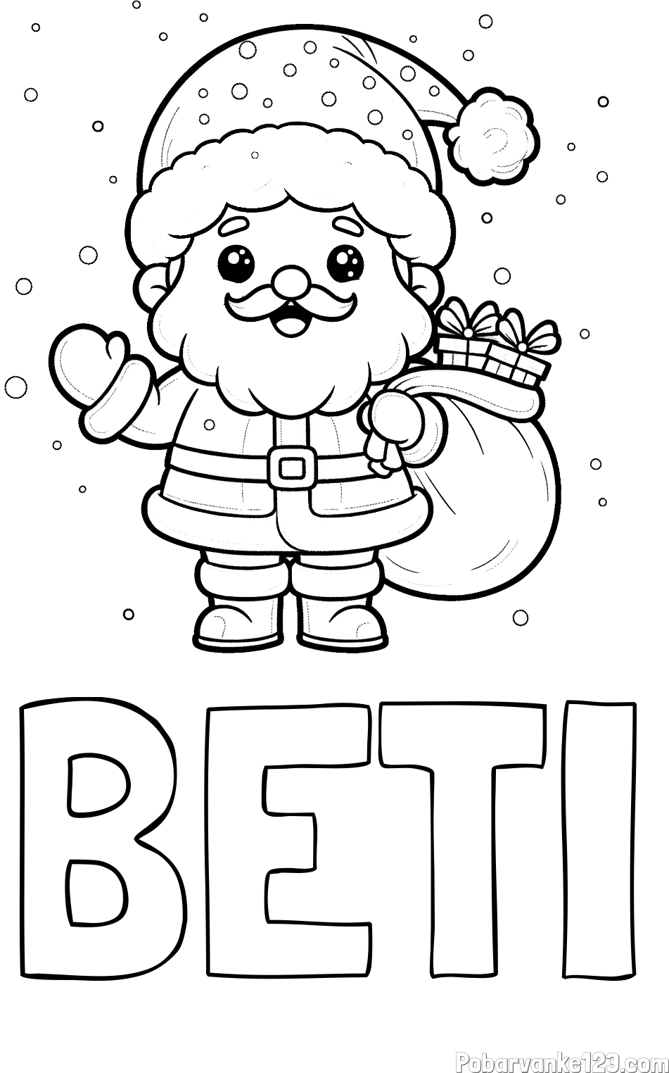 Pobarvanka imena BETI in pobarvanka Božička s polno vrečo daril