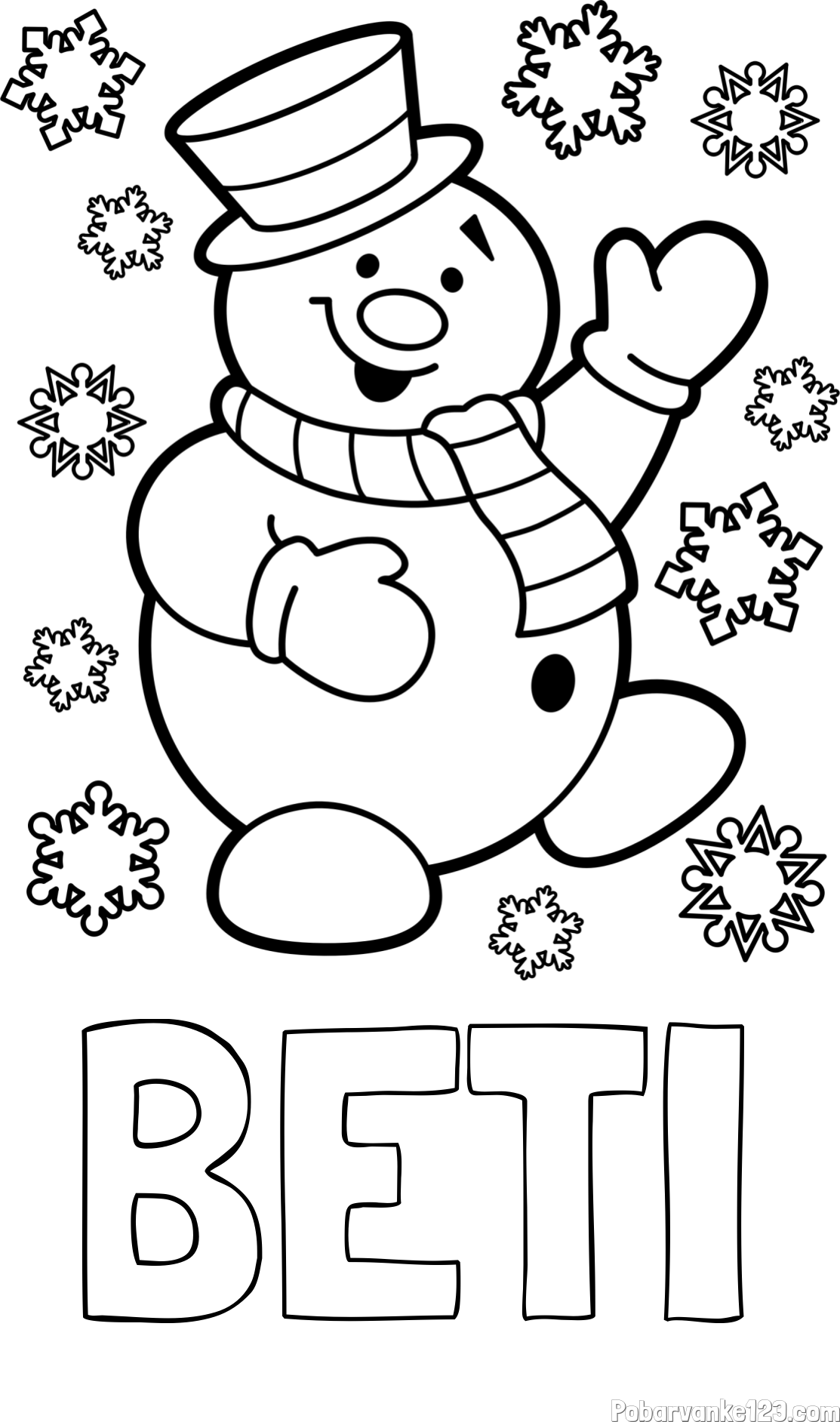 Pobarvanka imena BETI in pobarvanka veselega snežaka