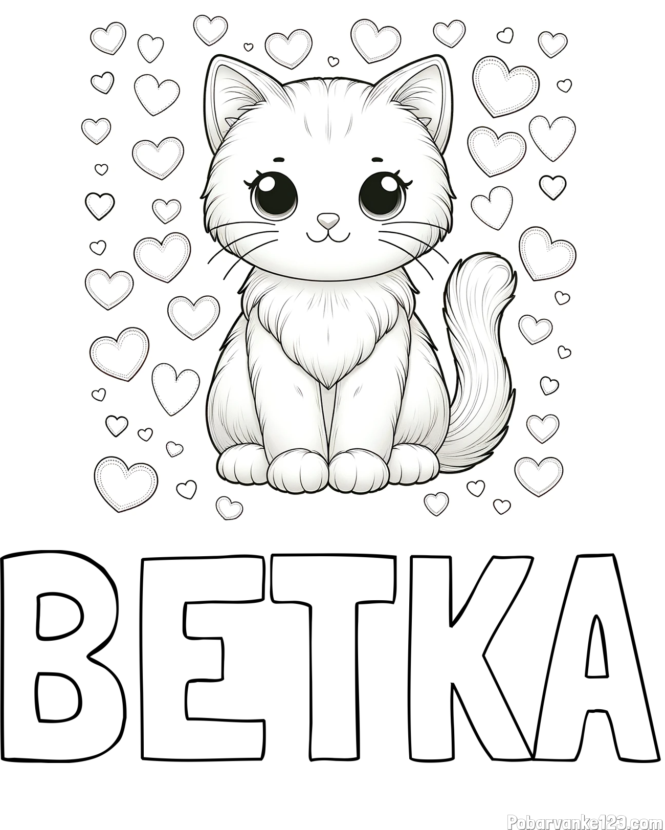 Pobarvanka imena BETKA in pobarvanka ljubke mucke obdane s srčki