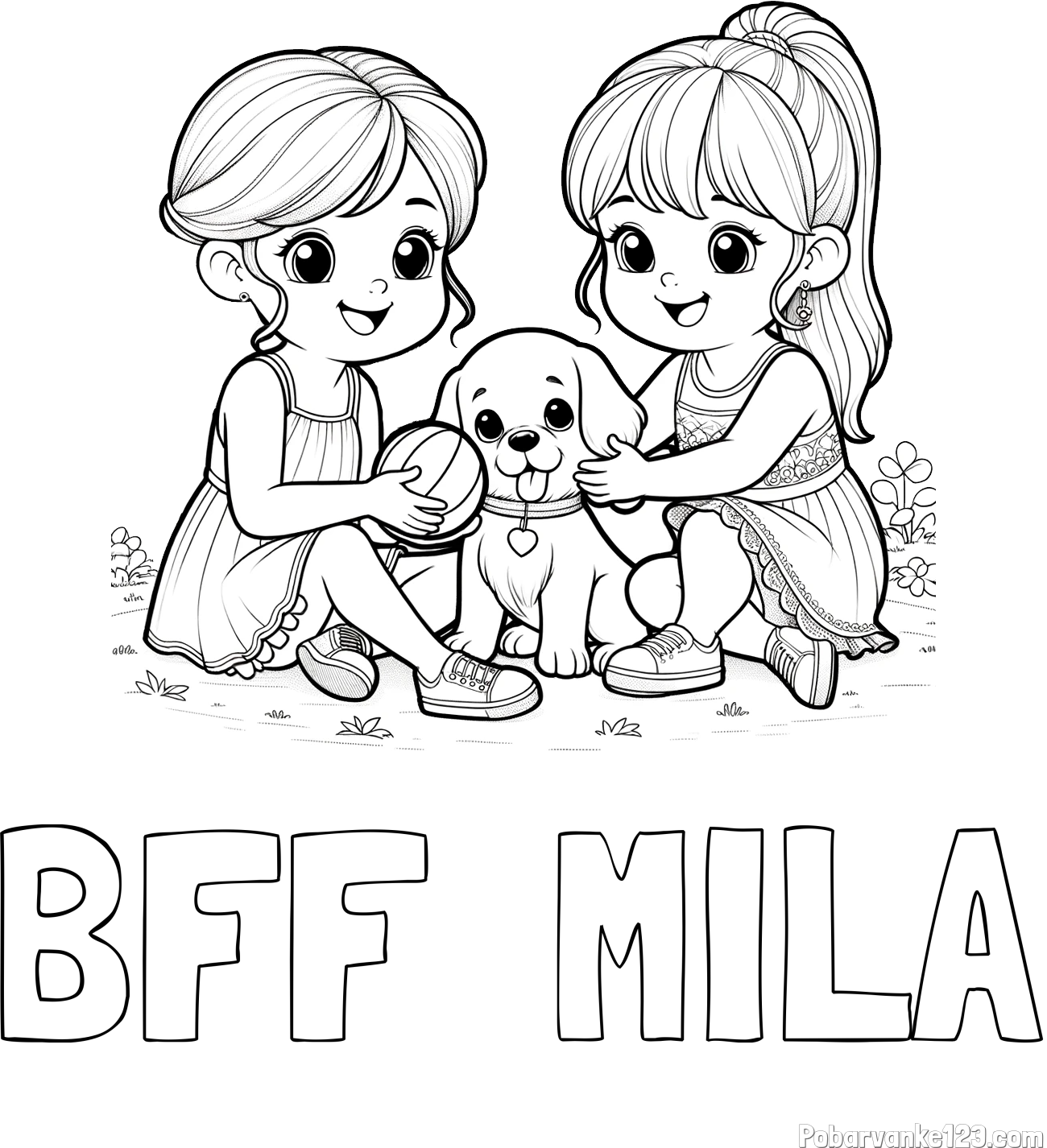 Pobarvanka imena BFF  MILA in pobarvanka prijateljic s kužkom