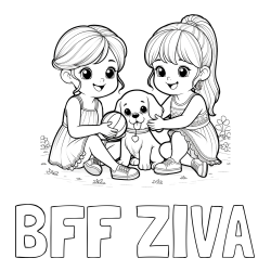 Online izdelana pobarvanka - Pobarvanka imena BFF ŽIVA in pobarvanka prijateljic s kužkom