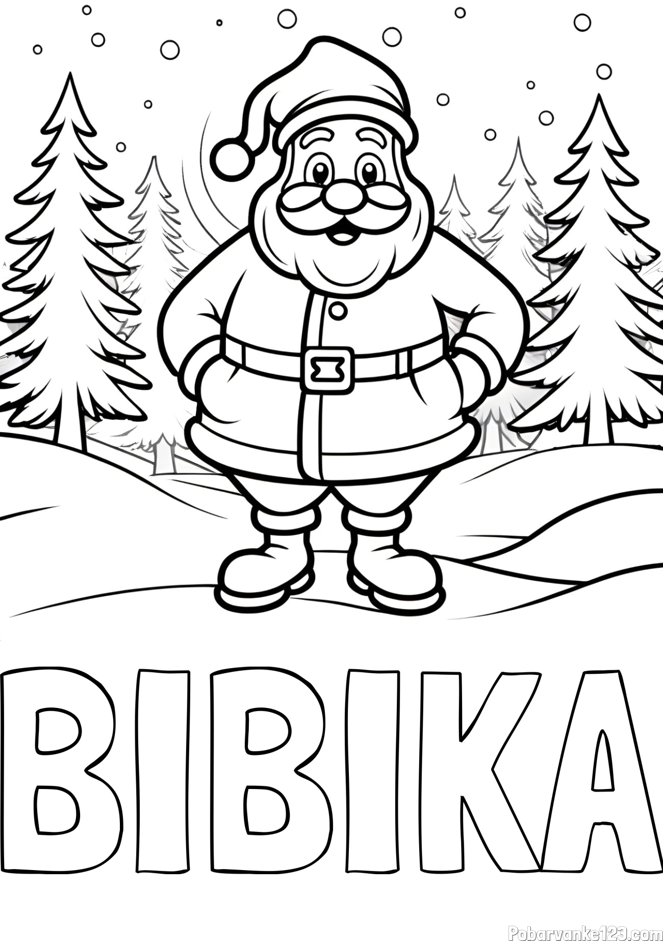 Pobarvanka imena BIBIKA in pobarvanka Božička v gozdu