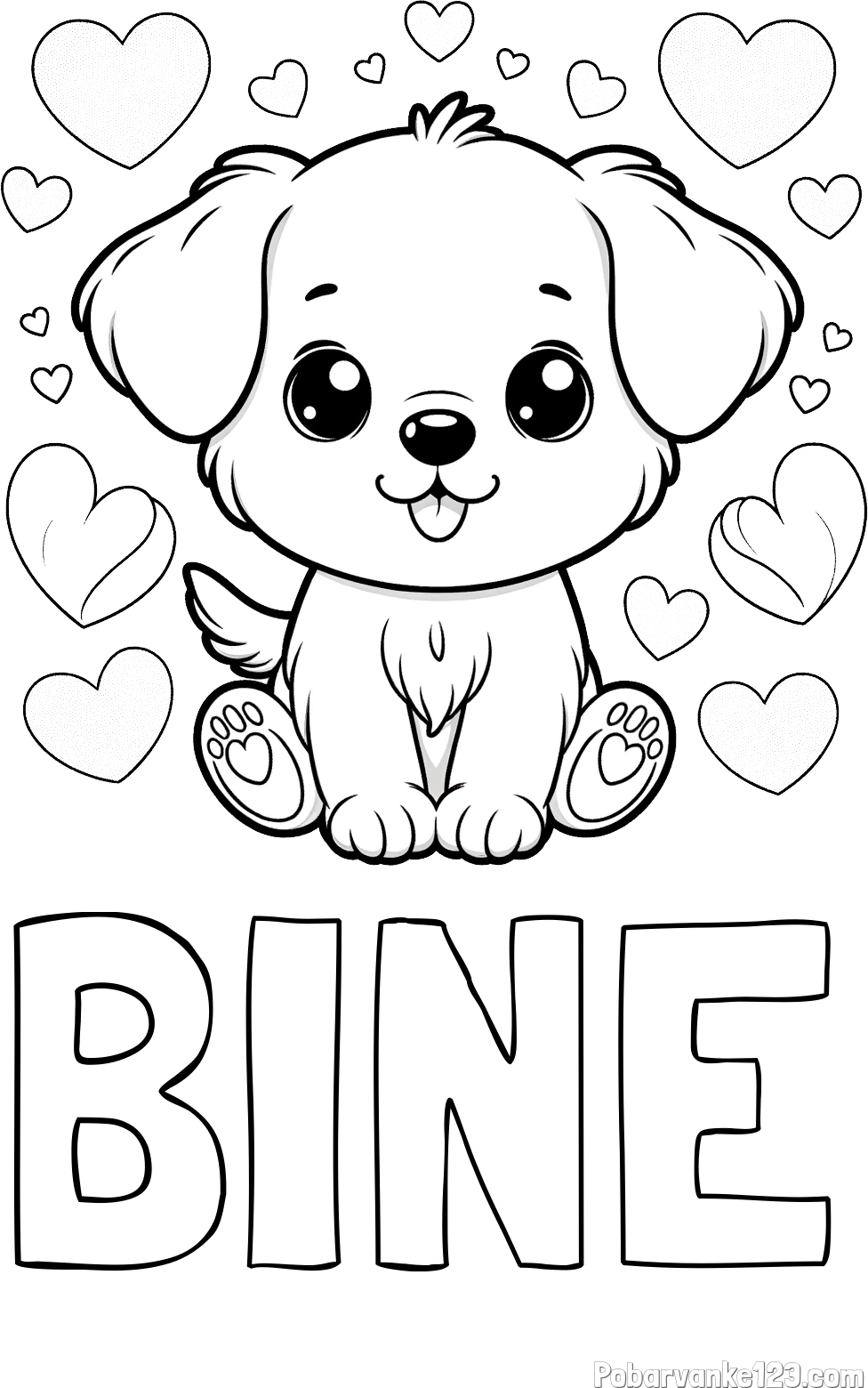 Pobarvanka imena BINE in pobarvanka ljubkega kužka obdanega s srčki