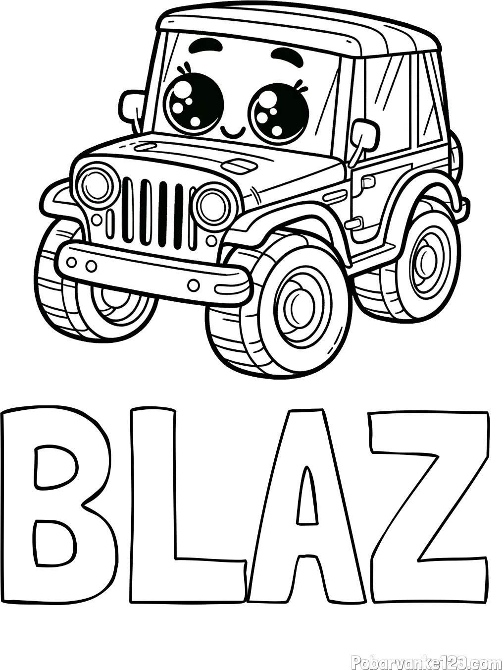 Pobarvanka imena BLAŽ in otroška pobarvanka nasmejanega jeep-a