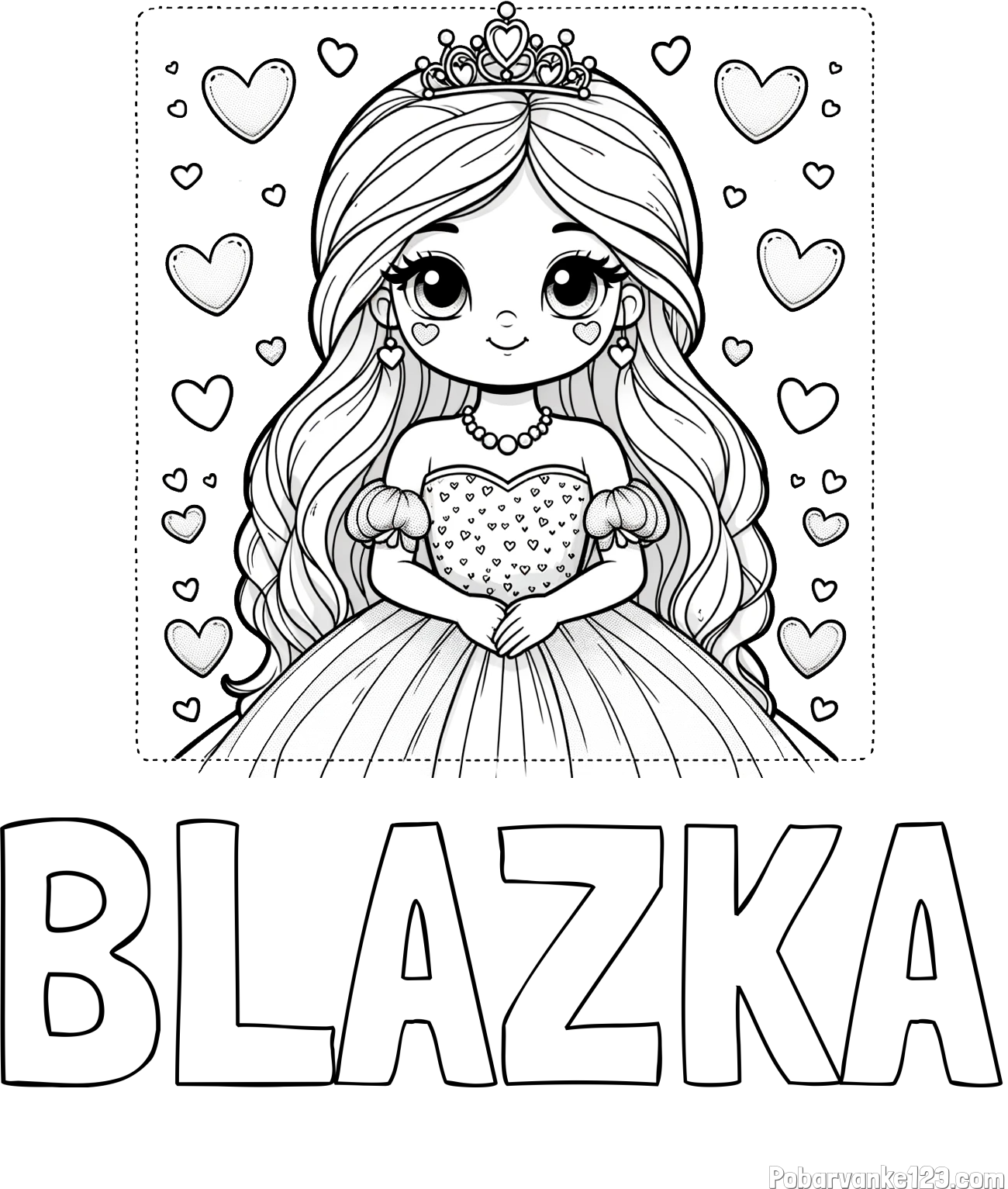 Pobarvanka imena BLAŽKA in pobarvanka ljubke princese obdane s srčki