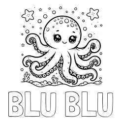 Online izdelana pobarvanka - Pobarvanka imena BLU BLU in pobarvanka hobotnice v morju obdane z morskimi zvezdami