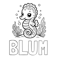 Online izdelana pobarvanka - Pobarvanka imena BLUM in pobarvanka morskega konjička