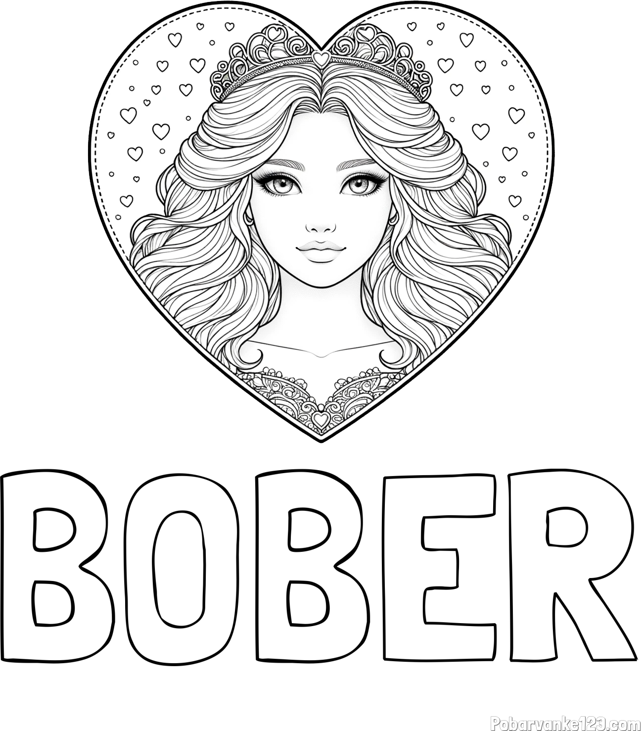 Pobarvanka imena BOBER in pobarvanka ljubke princese v srčku