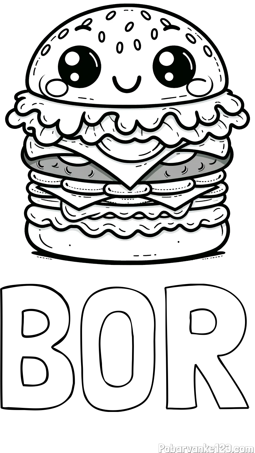 Pobarvanka imena BOR in otroška pobarvanka nasmejanega hamburgerja
