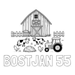Online izdelana pobarvanka - Pobarvanka imena BOŠTJAN 55 in otroška pobarvanka velikega senika, krav in traktorja