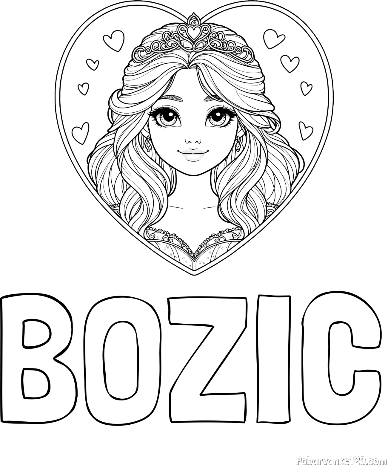 Pobarvanka imena BOŽIČ in pobarvanka princeske ter srčkov