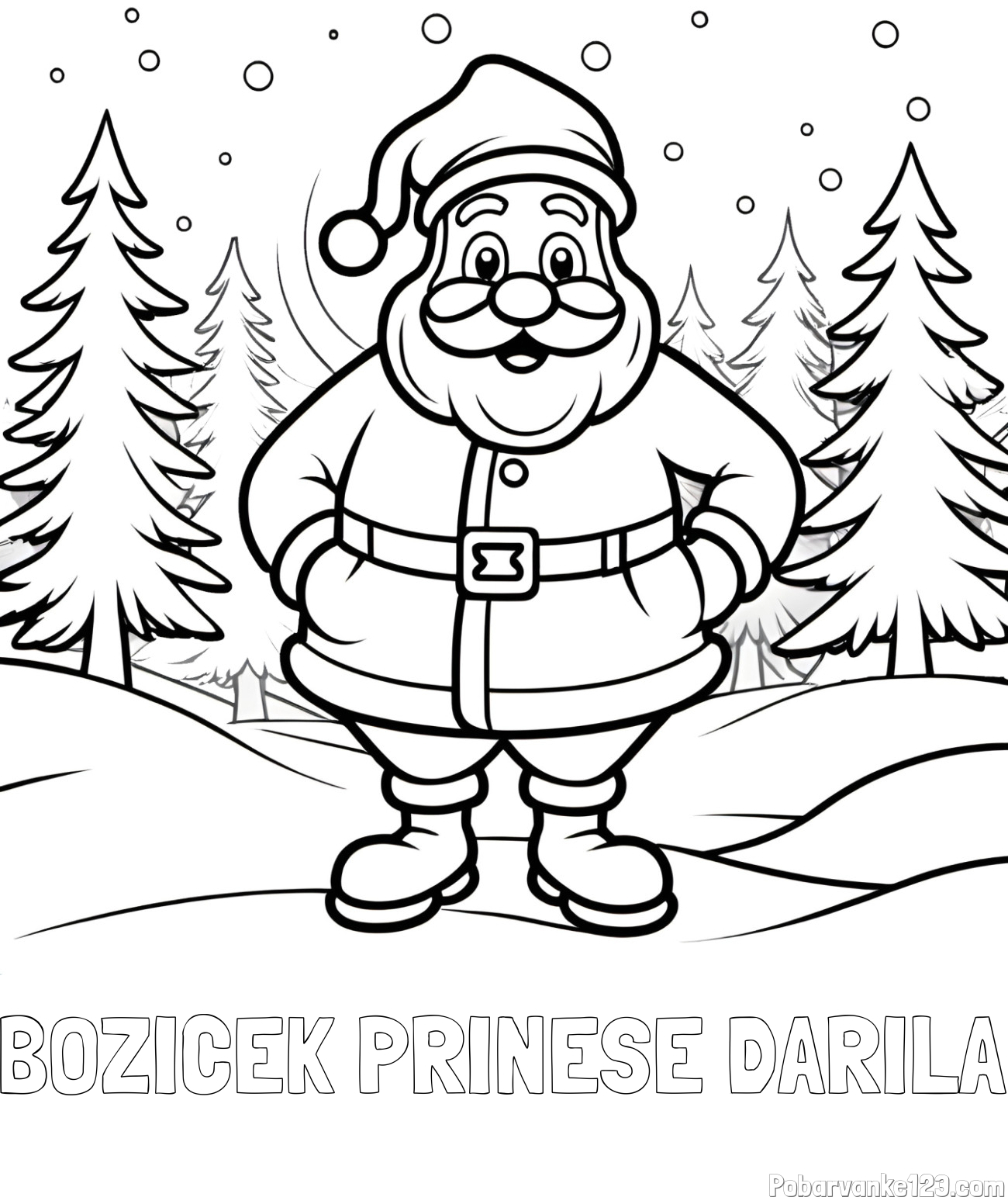 Pobarvanka imena BOŽIČEK PRINESE DARILA in pobarvanka Božička v gozdu