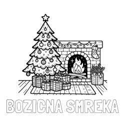 Online izdelana pobarvanka - Pobarvanka imena BOŽIČNA SMREKA in pobarvanka božične noči z božično smrečico, darili ter kaminom