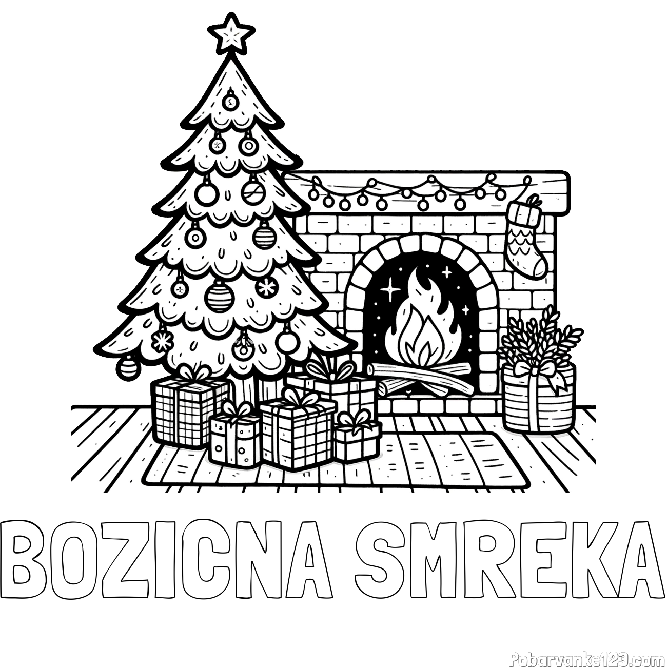 Pobarvanka imena BOŽIČNA SMREKA in pobarvanka božične noči z božično smrečico, darili ter kaminom
