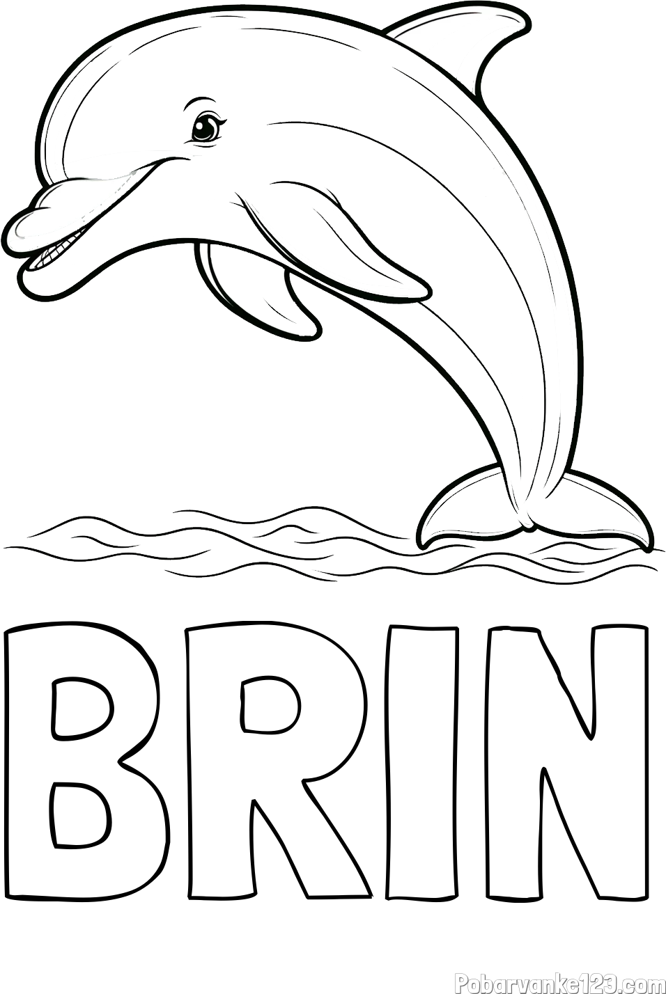 Pobarvanka imena BRIN in otroška pobarvanka nasmejanega delfina v skoku