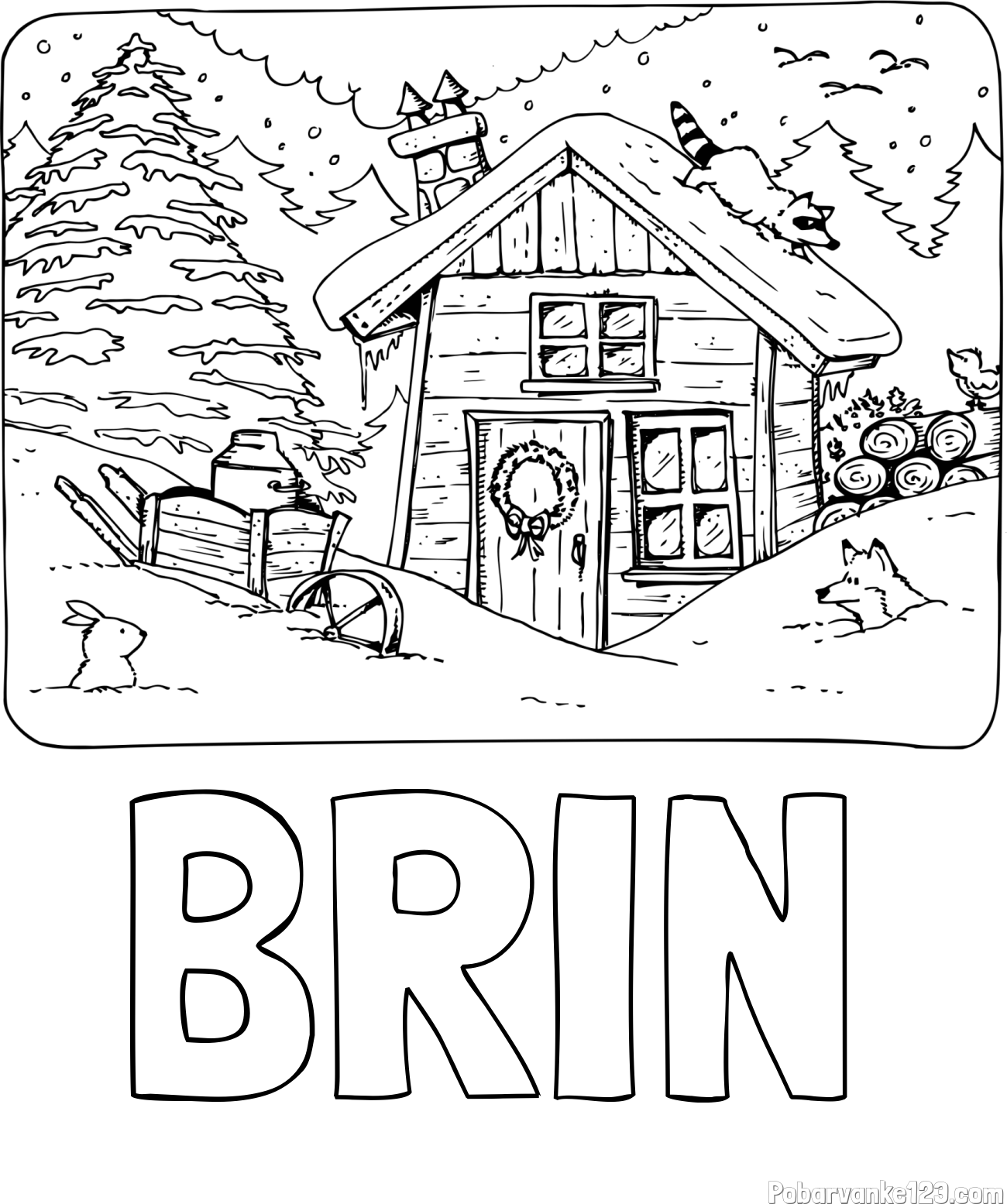 Pobarvanka imena BRIN in pobarvanka zasnežene pokrajine s hiško