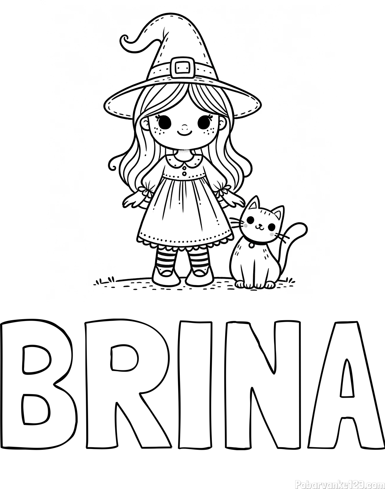 Pobarvanka imena BRINA in Čudovita pobarvanka ljubke čarovnice in nasmejane mačke