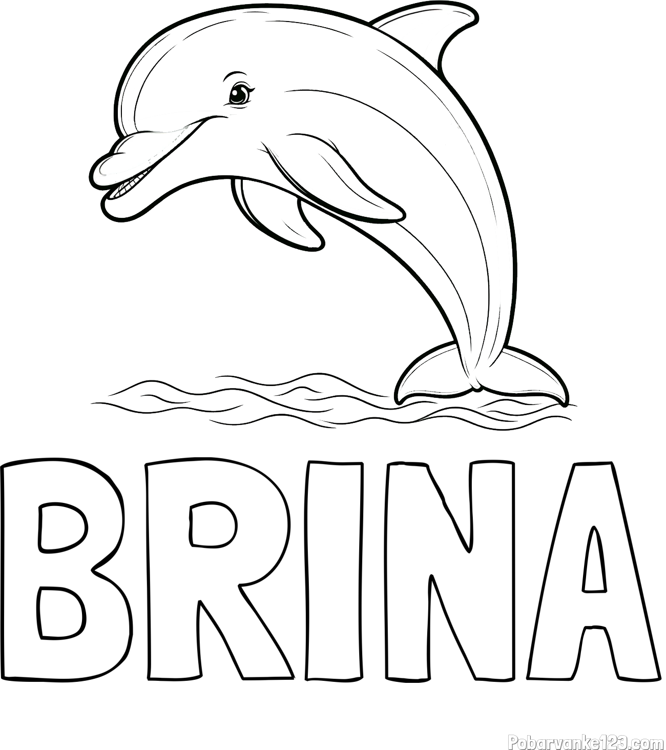 Pobarvanka imena BRINA in otroška pobarvanka nasmejanega delfina v skoku