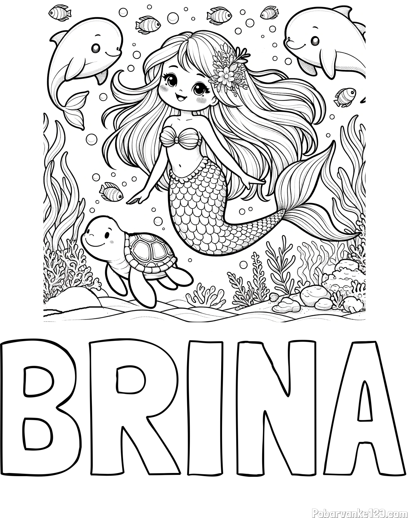 Pobarvanka imena BRINA in pobarvana ljubke morske deklice s prijatelji