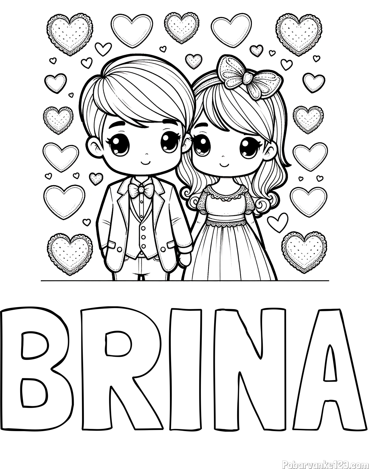 Pobarvanka imena BRINA in pobarvanka dveh zaljubljencev s srčki