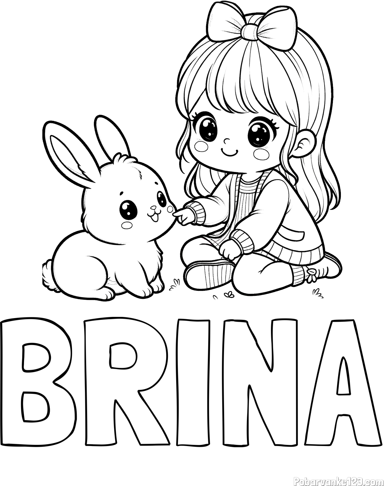 Pobarvanka imena BRINA in pobarvanka ljubke punčke, ki se igra z zajčkom