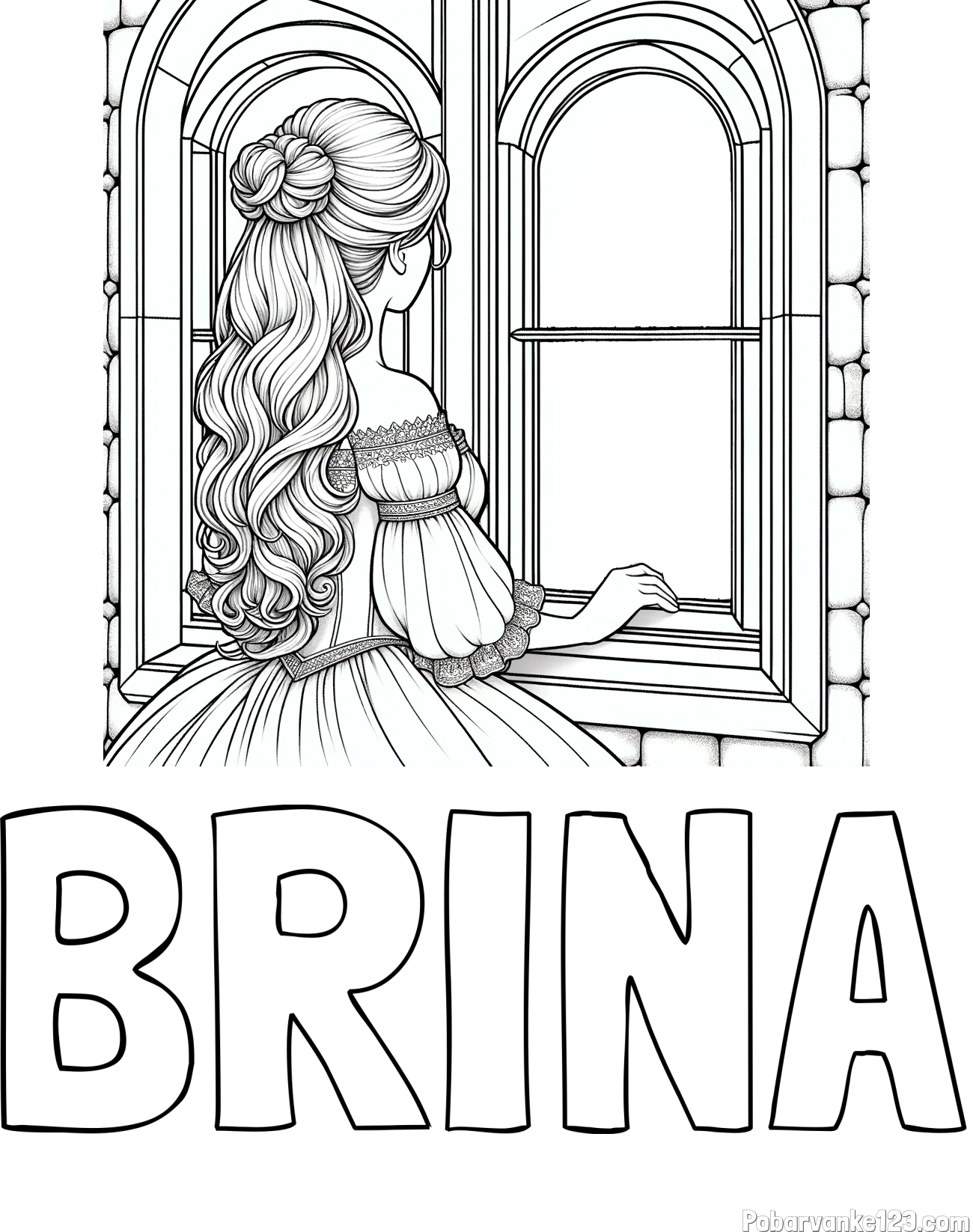 Pobarvanka imena BRINA in pobarvanka princese, ki gleda skozi okno