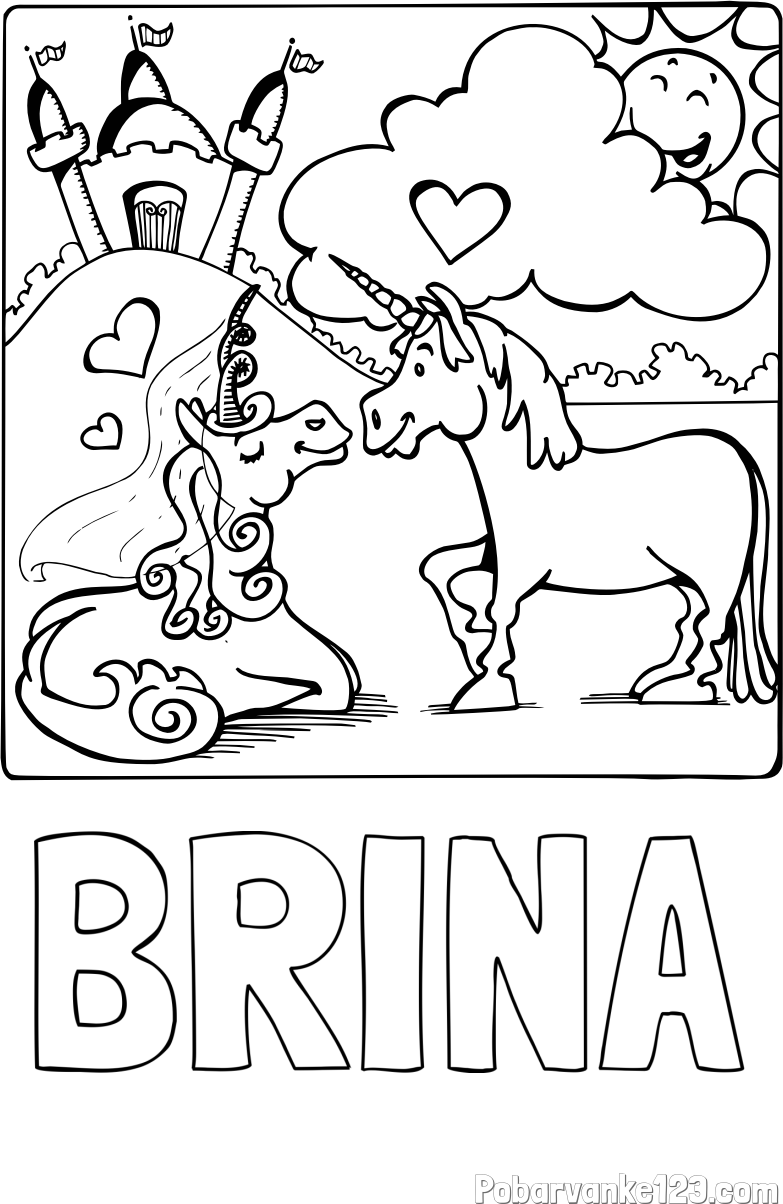Pobarvanka imena BRINA in pobarvanka zaljubljenih samorogov