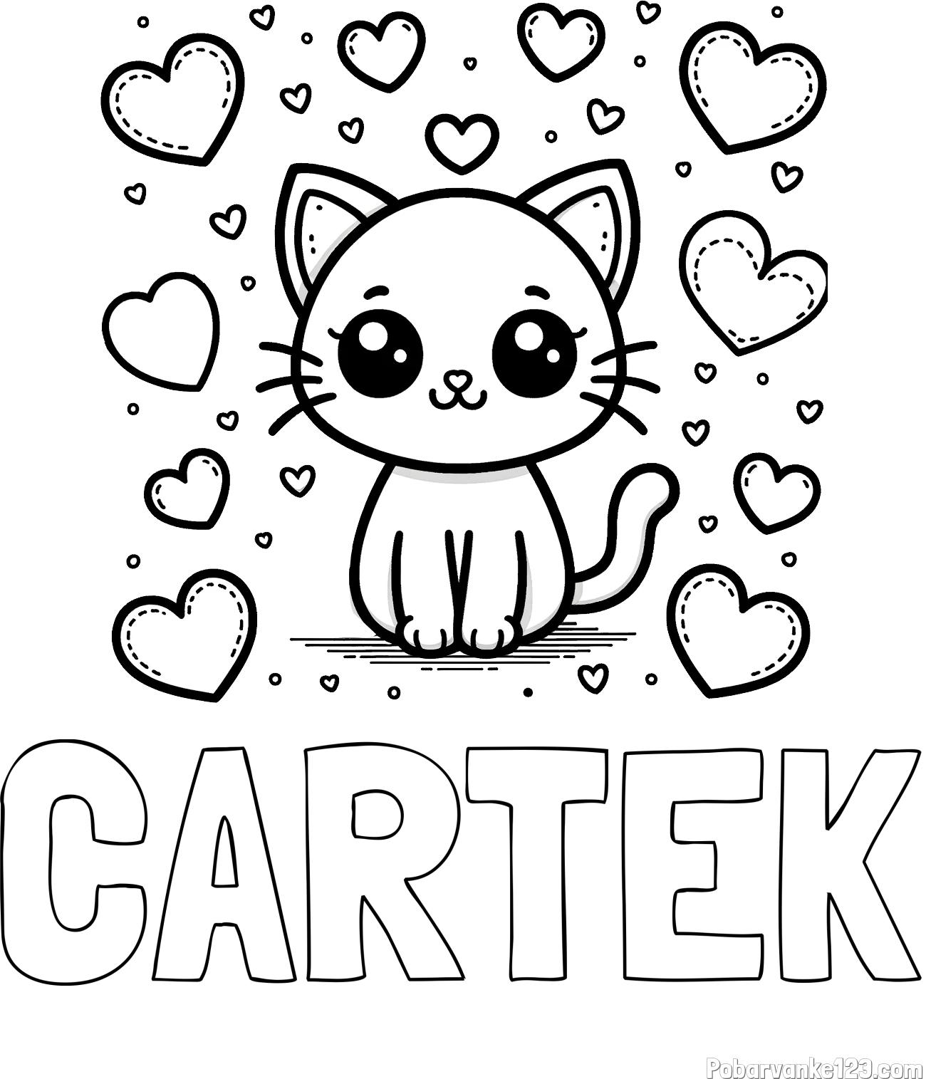 Pobarvanka imena CARTEK in pobarvanka ljubke mucke obdane z veliko srčki