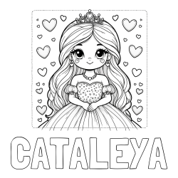 Online izdelana pobarvanka - Pobarvanka imena CATALEYA in pobarvanka ljubke princese obdane s srčki