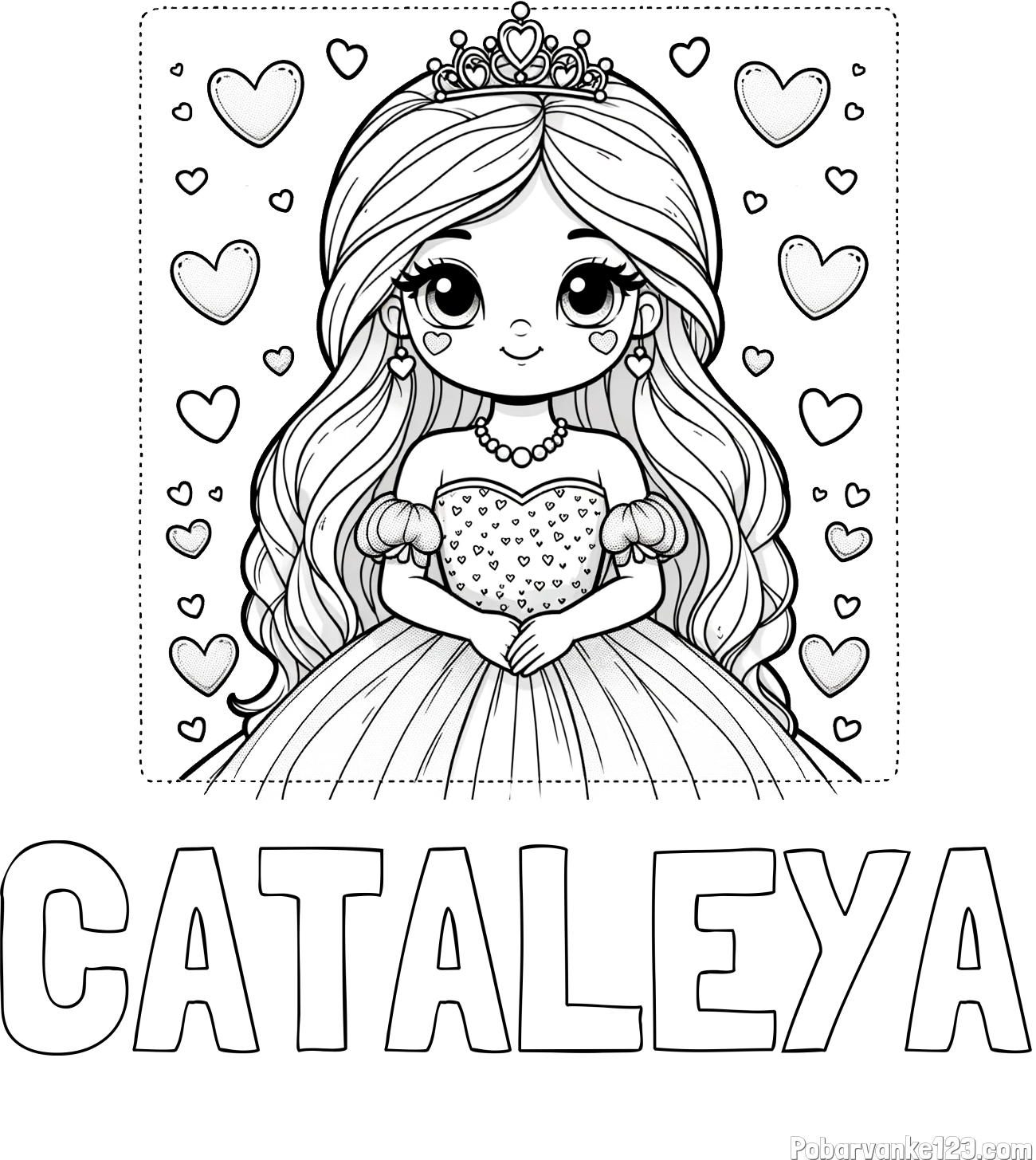 Pobarvanka imena CATALEYA in pobarvanka ljubke princese obdane s srčki