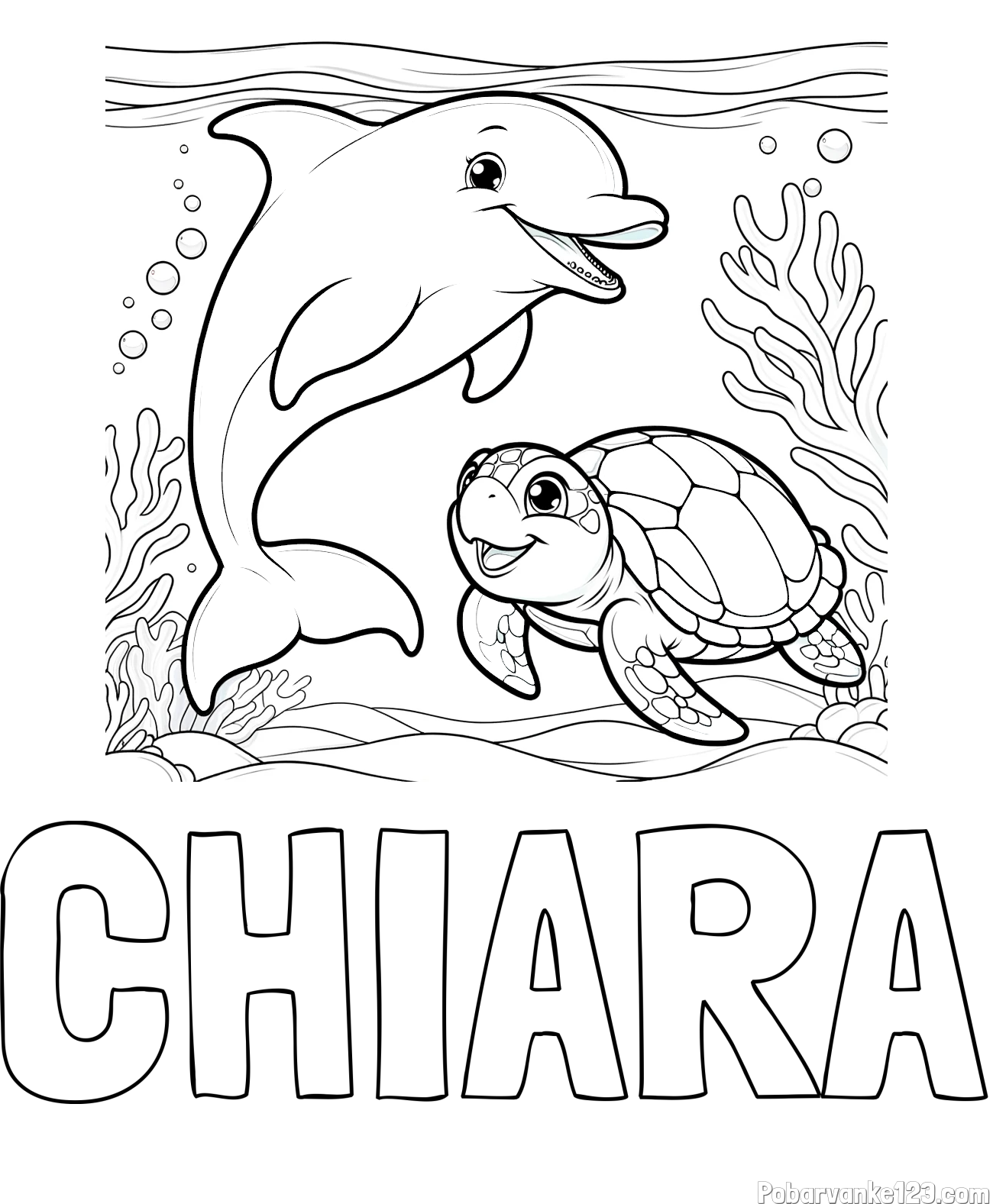 Pobarvanka imena CHIARA in pobarvanka ljubkega delfina z želvo v morju