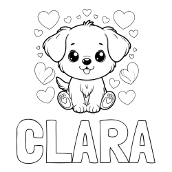 Online izdelana pobarvanka - Pobarvanka imena CLARA in pobarvanka ljubkega kužka obdanega s srčki
